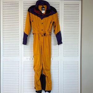 WOMEN'S ONE PIECE YELLOW AND PURPLE NORTH FACE SKI OUTFIT, SIZE: 10